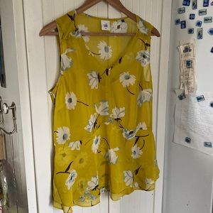 Cabi Medium Yellow Floral Sheer Sleeveless Polyester Top, Peplum w/Camisole